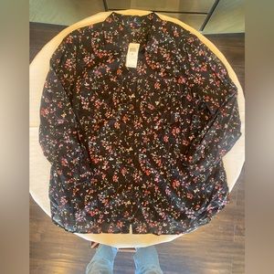 NWT Lauren by Ralph Lauren Black with Red and Green Floral Button Down Shirt